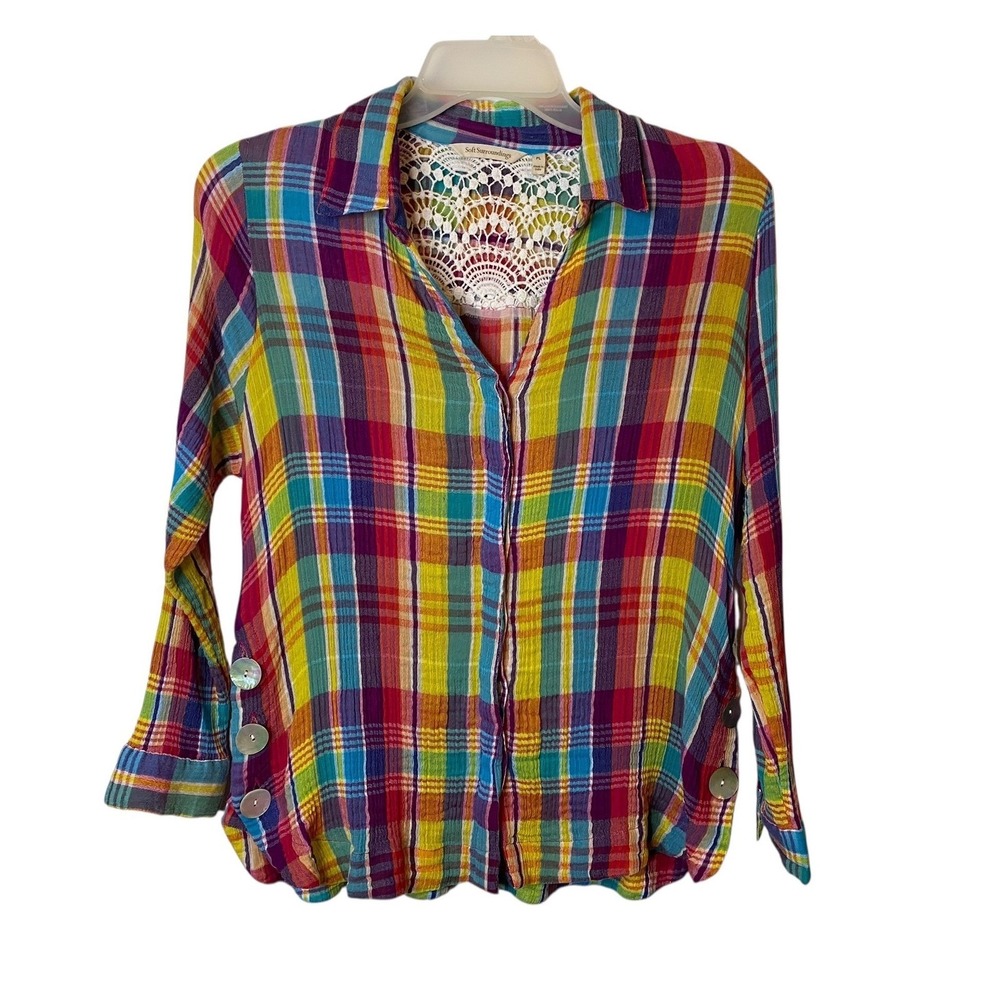 Soft Surroundings Plaid Button Down Shirt Women's Large Petite Crochet accent